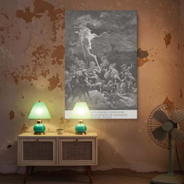 In this dramatic wall canvas based on Gustave Dore's etching, lightning from heaven strikes down the messengers of Ahaziah sent to challenge Elijah. The detailed black and white scene is filled with frightened horses, falling soldiers, and a heavenly glow