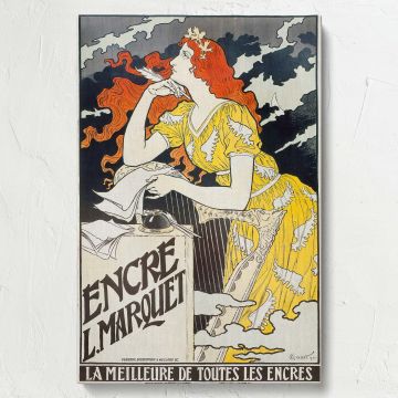 Encre L. Marquet advertising art by Eugene Samuel Grasset, a classic French poster from 1892 featuring an ethereal red-haired woman writing, a perfect framed canvas print for fans of vintage aesthetics and elegant Art Nouveau home decor.