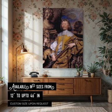 Canvas wall art of Endymion Porter portrayed by William Dobson, showcasing rich Baroque styling with golden-yellow garments, lace cuffs, and a musket resting in his hand. A sculpted bust in the background adds a classical touch, while a shadowed sky and l