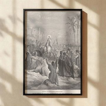 Gustave Dore's canvas wall art features Jesus entering Jerusalem greeted by followers crying "Hosanna" in a scene of joyful celebration and prophecy fulfillment, ideal for Christian homes or religious institutions seeking meaningful gospel visuals.