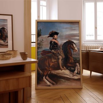 This detailed canvas wall art print of Philip IV riding a powerful steed reflects Diego Velazquez's regal artistry, blending Spanish history and classic portraiture into a stunning piece of equestrian decor perfect for refined art walls.