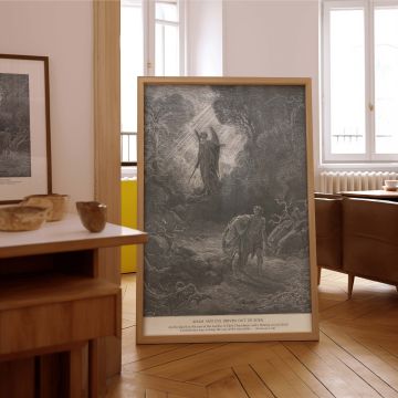 Featuring a sorrowful Adam and Eve exiting the lush Garden of Eden with a divine angel holding a flaming sword behind them, this canvas wall art by Dore represents the gravity of disobedience and the sacred loss of paradise.