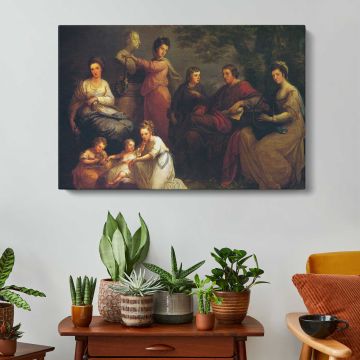 Family Gathered around a Hearth - canvas rear frame and hanging hardware