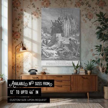 This canvas wall print of Dore's "A Famine in Samaria" features strong visual hierarchy-soldiers and royalty above, suffering masses below. Rendered in dramatic monochrome, the etching balances discipline with despair. Outstretched hands and sunken bodies