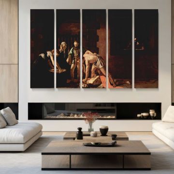 Figures in a Candlelit Interior by Caravaggio - multi-panel canvas displayed in a modern living room