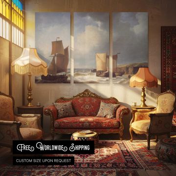 Fisherfolk and Ships by Abraham Hulk Snr - multi-panel canvas displayed in a classic lounge