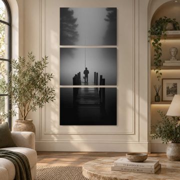 Fisherman on a Dock in Silhouette canvas print, interior display view