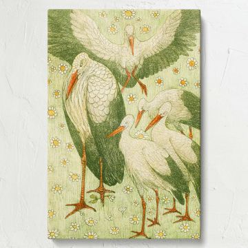 Ornithology-themed Theo van Hoytema canvas print featuring five graceful storks in a lush meadow, a timeless wildlife artwork with Art Nouveau influences, ideal for bird watchers, vintage decor lovers, and classic European-style interiors.
