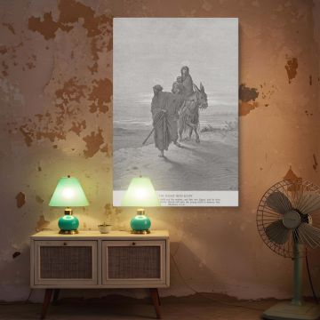 Featuring Gustave Dore's biblical engraving, this canvas wall art of Joseph Leads Mary and Jesus into Egypt illustrates protective love, divine mission, and quiet strength in fine artistic detail suitable for spiritual spaces and sacred collections.