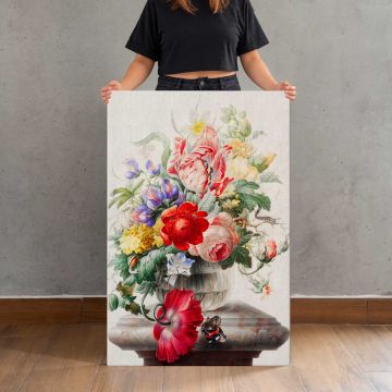 Flowers in a glass vase by Herman Henstenburgh (c. 1700) canvas print, canvas shown with a person for scale