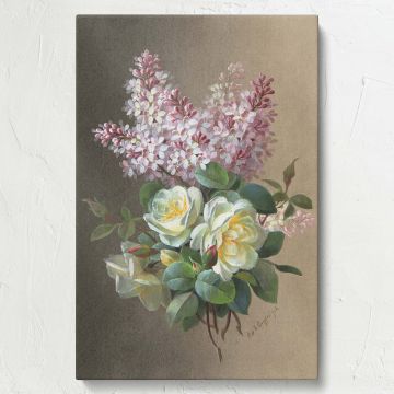 Botanical fine art canvas print featuring Flowers: Roses and Lilacs by Paul de Longpre, a luxurious and detailed vintage floral composition, ideal for refined interiors, professional offices, and classical-themed living spaces with a romantic touch.