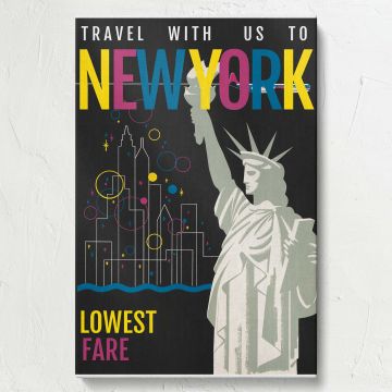 Modern retro wall art of New York City featuring the iconic Statue of Liberty with colorful abstract circles and a stylized city skyline in geometric white lines, set on a bold black background, blending vintage and modern aesthetics.