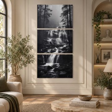 Forest Waterfall in Monochrome canvas print, interior display view