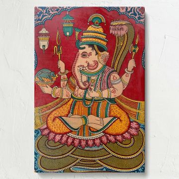 Lord Ganesha depicted in a vibrant chromolithograph seated on a lotus pedestal with a trident and a bowl of sweets, surrounded by intricate decorations reflecting spiritual grace, wisdom, and cultural richness in Indian traditional art.