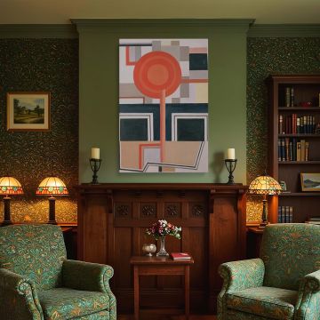 Fernand Leger abstract wall canvas titled "Composition," showing red and black geometric forms in a layered, grid-based structure. The artwork includes beige, cream, and grey tones that bring harmony to its industrial style. Ideal for office creative stud