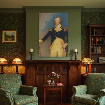 Featuring "George Washington at Trenton" by John Trumbull, this canvas print depicts Washington's critical leadership during the American Revolution. The painting's warm hues of yellow and blue convey strength, urgency, and resolve. The figure of Washingt