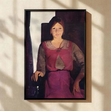 Wall art reproduction of George Bellows' portrait "Geraldine Lee," showing a seated young girl in a richly colored outfit with pink, violet, and beige tones. The composition contrasts bright light on her face with heavy shadows around the chair and backgr