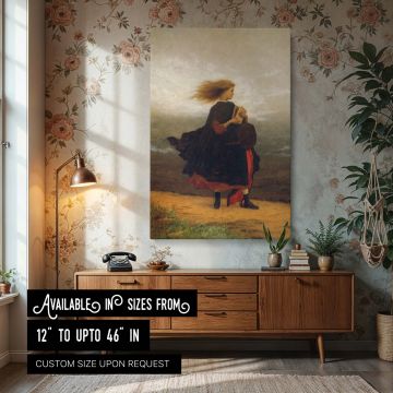 Canvas wall print of The Girl I Left Behind Me by Eastman Johnson, showing a young girl standing alone on a windy coastal path holding books and a bonnet. Her long hair and dark cloak are blown by the wind, with storm clouds forming in the background. The