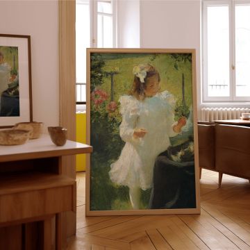 Reproduction canvas print of Frank Benson's outdoor painting showing a child dressed in a delicate white dress among a vibrant garden setting. The sun highlights her dress, ribbon, and soft curls, while roses bloom along the fence in the background. The n