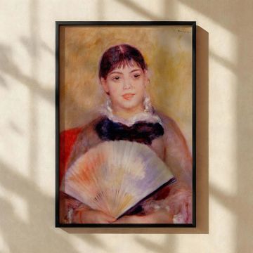 A beautiful impressionist wall canvas reproduction of Pierre-Auguste Renoir's "Girl with a Fan," showing a serene young girl with a subtle smile. She holds a light pastel-colored fan with grace, seated against a warm-toned background that glows with soft 