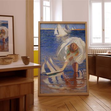 This canvas wall art features a peaceful shoreline moment from Tarbell's "Girl with Sailboat," with a young girl tenderly launching her toy boat into the sea. Surrounded by shimmering reflections and real sailboats in the distance, the scene glows with so