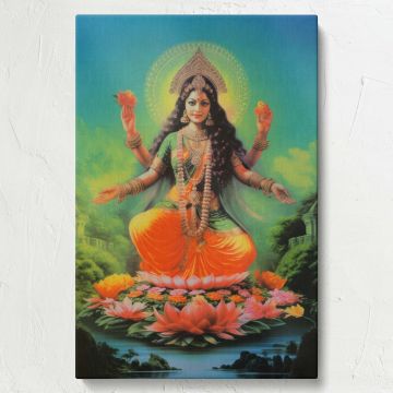 Divine Indian art featuring Goddess Lakshmi seated on a lotus holding lotus flowers, dressed in detailed orange and green attire with gold ornaments, surrounded by blooming lotuses and tranquil natural scenery in this spiritual wall canvas.