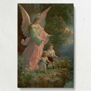 Classic Guardian Angel framed artwork on high-quality canvas, a 1914 religious painting symbolizing faith and heavenly guidance, a perfect decorative piece for nurseries, Catholic homes, or Christian prayer spaces seeking divine inspiration.