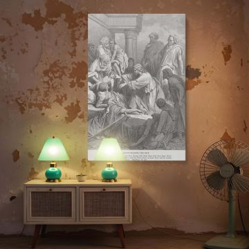 This gospel canvas wall art captures the miracle of Jesus healing the multitudes, surrounded by pain and hope, created with fine engraving lines for sacred art collections, chapels, or religious study rooms.