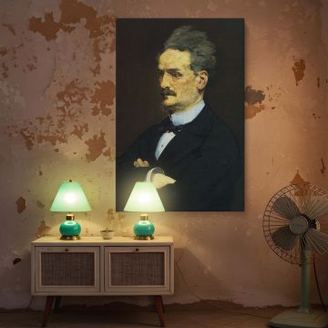 Historical wall canvas of Henri Rochefort, captured by Manet in a striking pose with arms crossed, wearing a formal dark suit and white collar. The composition focuses on his expressive facial features and distinctive hair, reflecting his role as a leadin