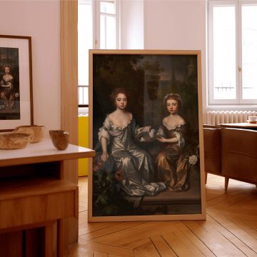 Classical canvas wall art of Portrait of Henrietta and Mary Hyde by Willem Wissing displaying noble children dressed in satin robes with serene expressions, a timeless portrait scene great for elegant home decor and period-style collections.