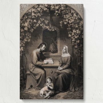 Vintage Holy Family framed lithograph on canvas, a classical religious artwork featuring Saint Mary, Saint Joseph, and Christ Child in a peaceful setting, an elegant Christian home decor piece perfect for chapels, prayer rooms, and devotion.