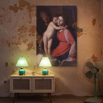 This canvas wall art captures a gentle moment of connection between baby Jesus and young St. John as Mary and Joseph surround them, painted by Caravaggio in luminous baroque tones perfect for classical and sacred home art collections.