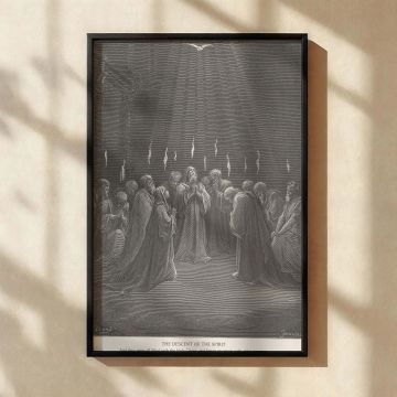 This canvas wall art powerfully depicts the moment described in Acts 2:4 as the disciples receive the Holy Spirit in the form of flames and light, with Dore's masterful black-and-white engraving evoking sacred awe and divine presence for Christian setting