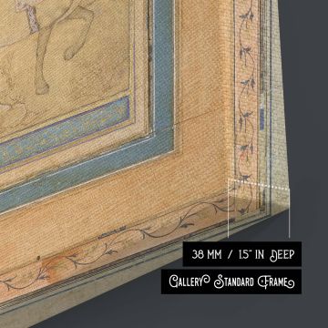 Culturally rich wall canvas print of a horseman riding through a delicately sketched Persian woodland scene, bordered with traditional motifs in earth and jewel tones. The Iranian master's composition reflects classical ink technique and balance. This mus