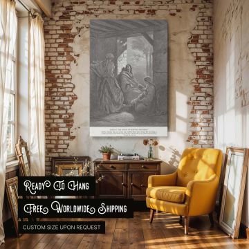 Gustave Dore's engraving of Jesus with Martha and Mary brought to life in canvas wall art highlights the choice between spiritual presence and distraction, ideal for contemplative spaces, devotion rooms, or thoughtful Christian gifts.