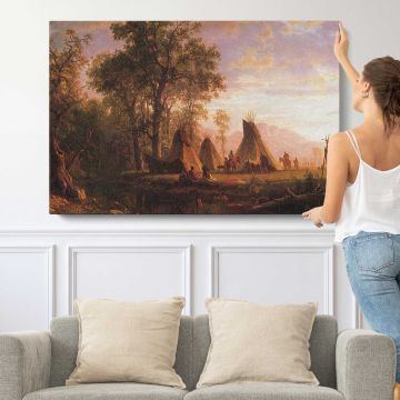 Indian Encampment Late Afternoon by Albert Bierstadt - single-panel canvas shown with a person for scale