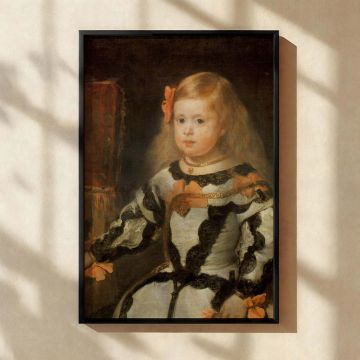 Diego Velazquez's portrait of Infanta Maria Marguerita turned into canvas wall art shows the young princess seated in elegant attire with intricate ribbons and lace, showcasing courtly style and aristocratic charm perfect for vintage-inspired interiors an