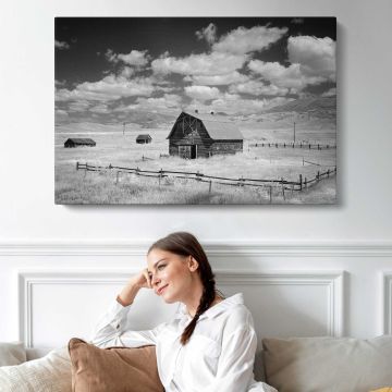 Infrared view of barn in rural Montana, USA canvas print, interior display view
