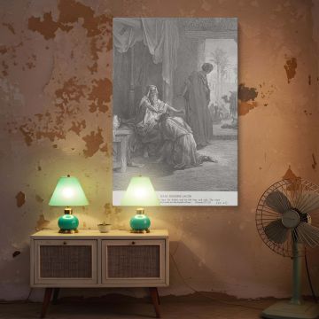 A dramatic wall canvas showing Jacob's deception as Isaac delivers a blessing under mistaken identity, this Gustave Dore engraving emphasizes the emotional complexity and theological implications of the Genesis 27:22 scene in striking monochrome format.