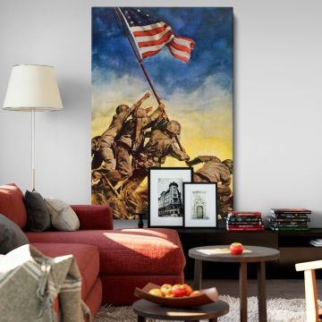 Iconic wall canvas depicting a historic moment of soldiers raising the American flag on a battlefield, symbolizing unity, patriotism, and sacrifice during World War II, with a dramatic sky creating a powerful and emotional tribute to military heroism.