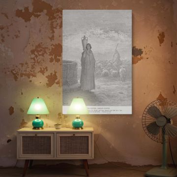 This wall canvas displays a tranquil biblical scene where a figure calmly holds a water jar at the well as Jacob watches over the flock from afar, illustrating faithfulness in labor and patience through Gustave Dore's classic black and white engraving tec
