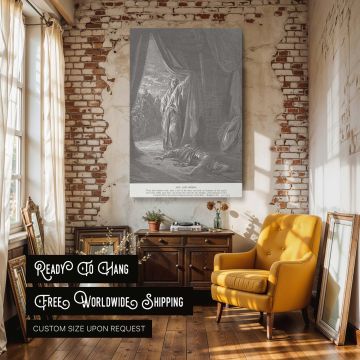 Biblical art canvas of Jael's courageous act from the Old Testament, illustrated by Dore with deep etching, shadows, and spiritual intensity, designed to enhance devotional spaces, church walls, or spiritual home galleries.