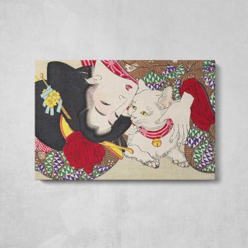 Japanese Woman and Cat Art Face Detail , Vintage Illustration by Yoshitoshi - canvas surface and wrapped edge detail