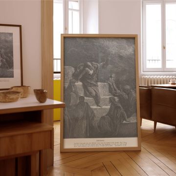 Add sacred energy to your decor with this dramatic canvas wall print of Gustave Dore's Prophet Jeremiah. Set against temple steps and stormy skies, Jeremiah lifts his voice in warning to his nation. The engraving's linework highlights emotion and spiritua