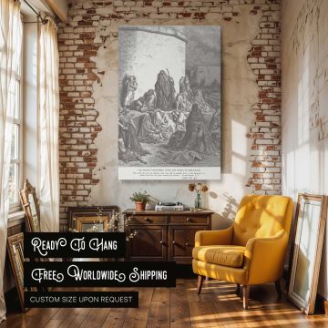 This canvas features Dore's dramatic rendering of the destruction of Jerusalem. People cry, rest their heads in sorrow, or lie lifeless in despair while a prophet figure oversees the mourning. The engraved detailing and contrast in black and white add to 