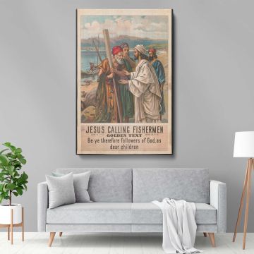 Framed religious artwork of Jesus Calling Fishermen, a vintage biblical canvas print showing Christ inviting Simon Peter and Andrew to become disciples, a meaningful Christian home decor piece for faith-inspired interior decoration.