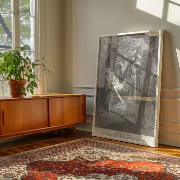 Gustave Dore's The Burial of Christ becomes a moving canvas wall art piece filled with sacred symbolism, showing Jesus's body being carried by disciples while others look on in grief, perfect for Christian spiritual environments.