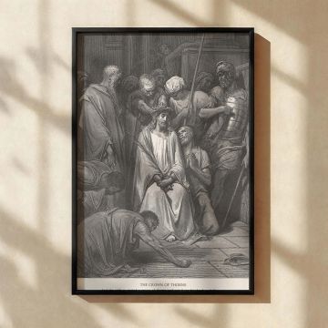Powerful canvas wall art portraying the moment Christ is mocked and crowned with thorns, as envisioned by Gustave Dore in his iconic engraving, ideal for Christian decor and sacred interiors that honor biblical storytelling through timeless visual reveren