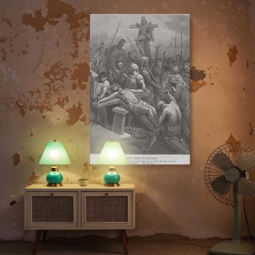 Bring reverence and historic biblical art to your home with this canvas wall art of Jesus being crucified, adapted from Gustave Dore's intricate engraving that captures the Passion of Christ with striking realism and devotional power.