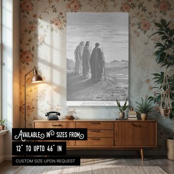 In this canvas wall art by Gustave Dore, Jesus engages in sacred conversation with two disciples walking toward Emmaus after His resurrection, offering a timeless visual story of faith and divine guidance for any Christian or church setting.